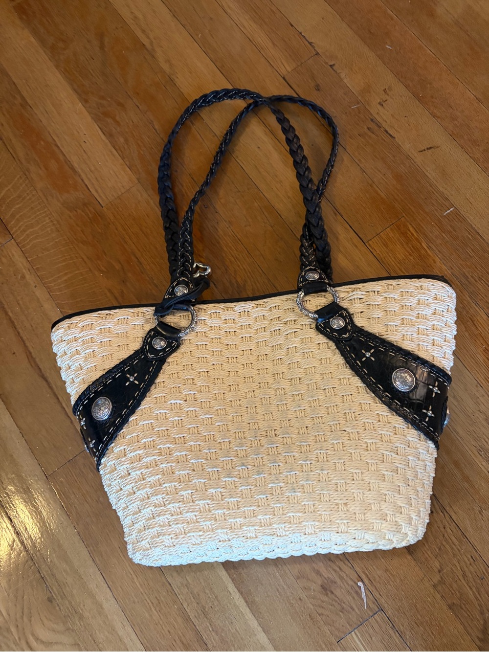 NWOT Cream Brighton Woven Straw Bag with Black Trim and Braided Handles
